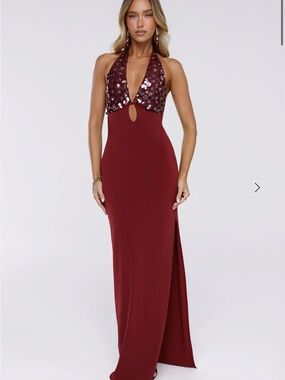 Hello Molly Wine Halter Sequin Bodice Maxi Dress